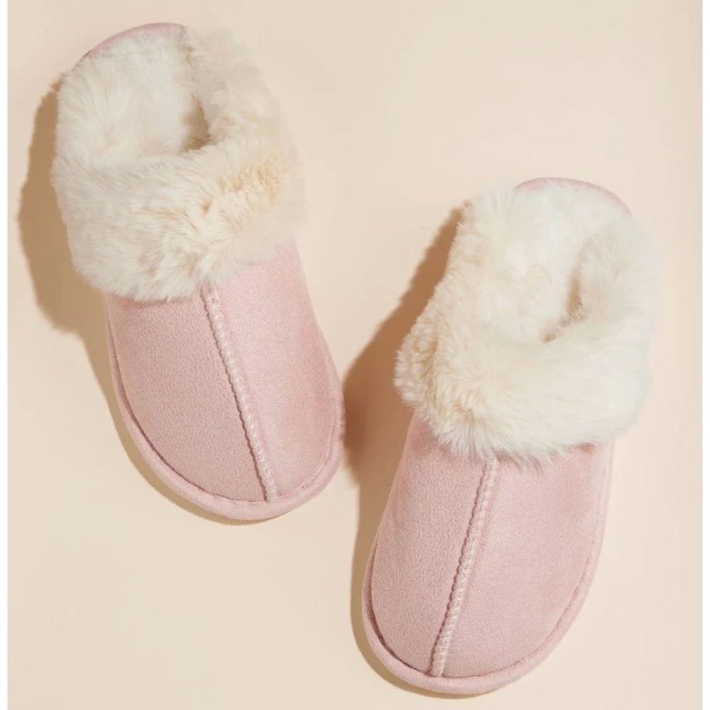 Pink Faux Suede Slippers with Faux Fur Trim Women's Cozy Mules
